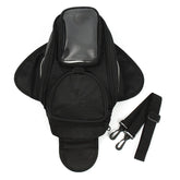 Black motorcycle tank bag with clear pocket, waterproof, 800D nylon, for boxing fitness gear and mobile phone. Includes four magnets.
